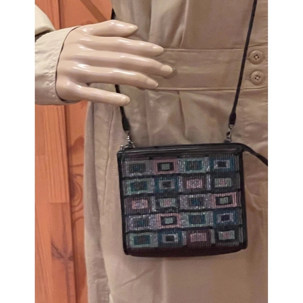 Brighton Black Beaded Check Crossbody Bag Small Dressy Evening Braided